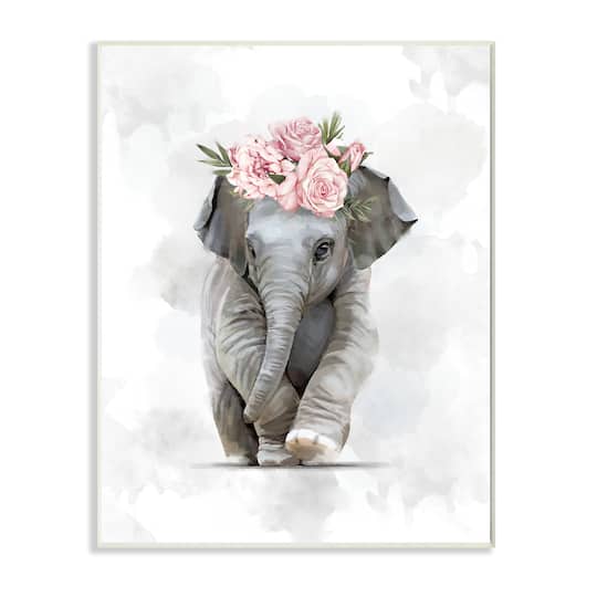 Stupell Industries Adorable Baby Elephant Eye-Catching Pink Flower Crown Wall Plaque